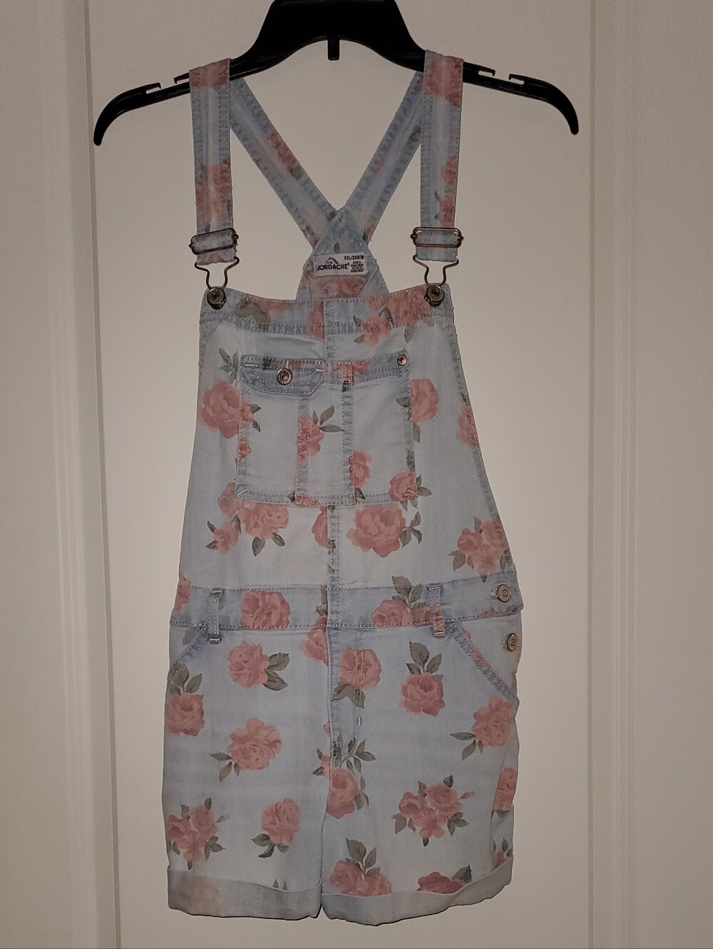 Jordache Floral Denim Short Overalls - Pink Roses on Light Blue, XXL